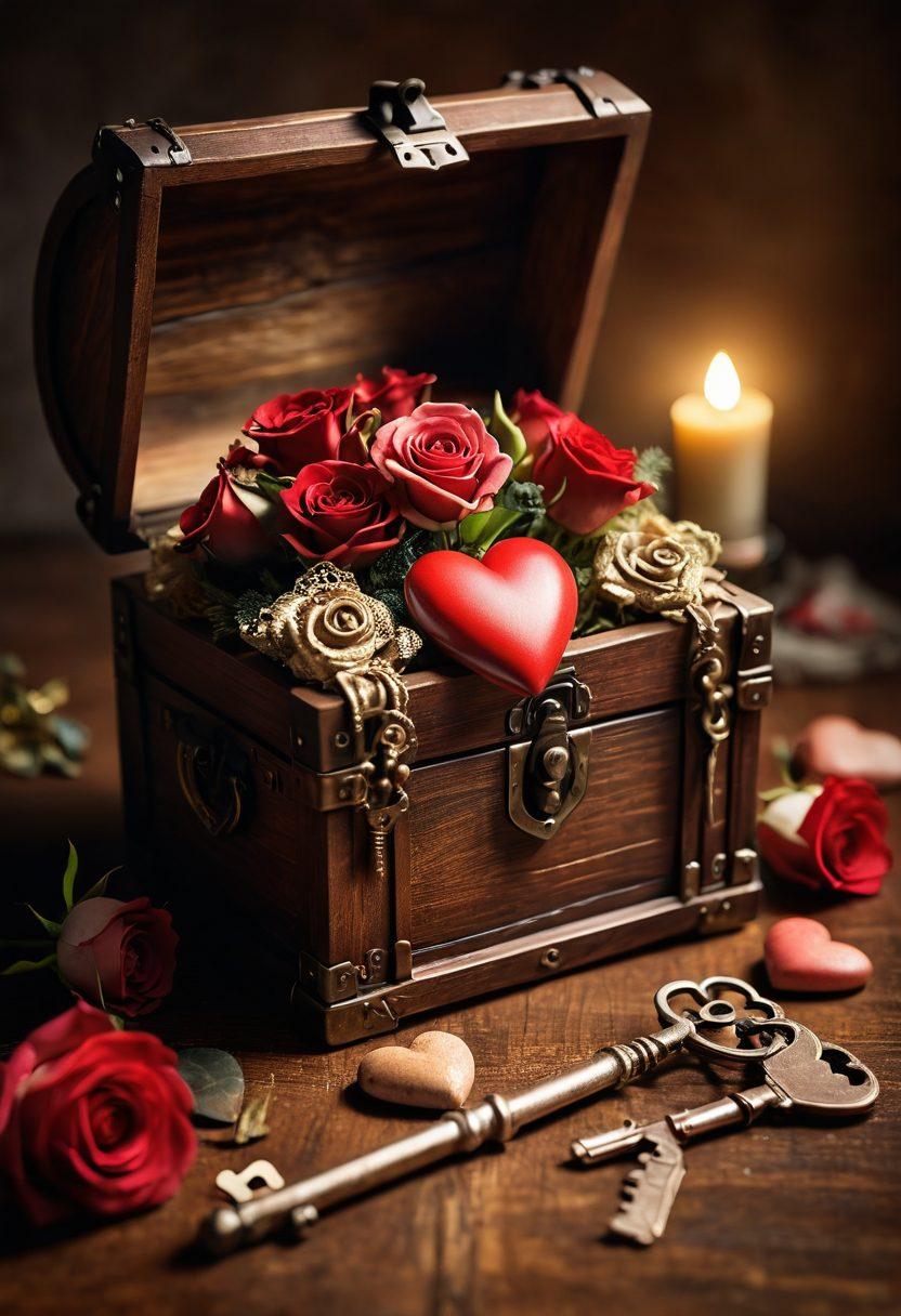 A heart-shaped key unlocking a treasure chest surrounded by various symbols of love, such as roses, hearts, and intertwined hands, all set against a warm, inviting backdrop. Soft light beams radiate from the open chest, illuminating the secrets within. The scene conveys a sense of discovery and warmth, inviting readers to explore the mysteries of love. super-realistic. vibrant colors. soft focus.