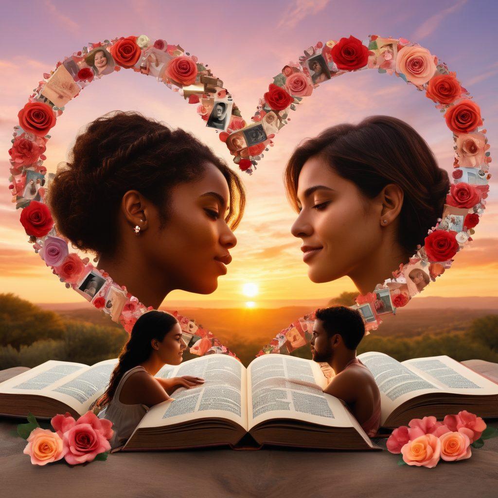 A heart-shaped collage of two diverse couples engaging in deep conversation, surrounded by symbols of love like roses, hearts, and open books. The atmosphere is warm and inviting, featuring soft, glowing light to evoke emotion and connection. Include speech bubbles with words like 'trust', 'understanding', and 'support' floating around them. The background is a dreamy sunset, symbolizing warmth and intimacy. vibrant colors. super-realistic.