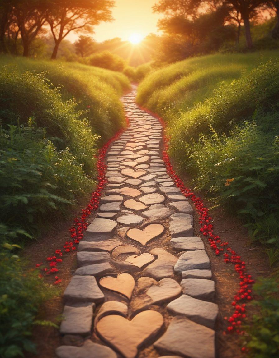 A winding path symbolizing the journey of relationships, with milestones representing flirtation, dating, and commitment. Each milestone adorned with romantic symbols like hearts, rings, and intertwined hands, surrounded by lush nature. A sunset in the background to evoke warmth and optimism. super-realistic. vibrant colors. soft focus.